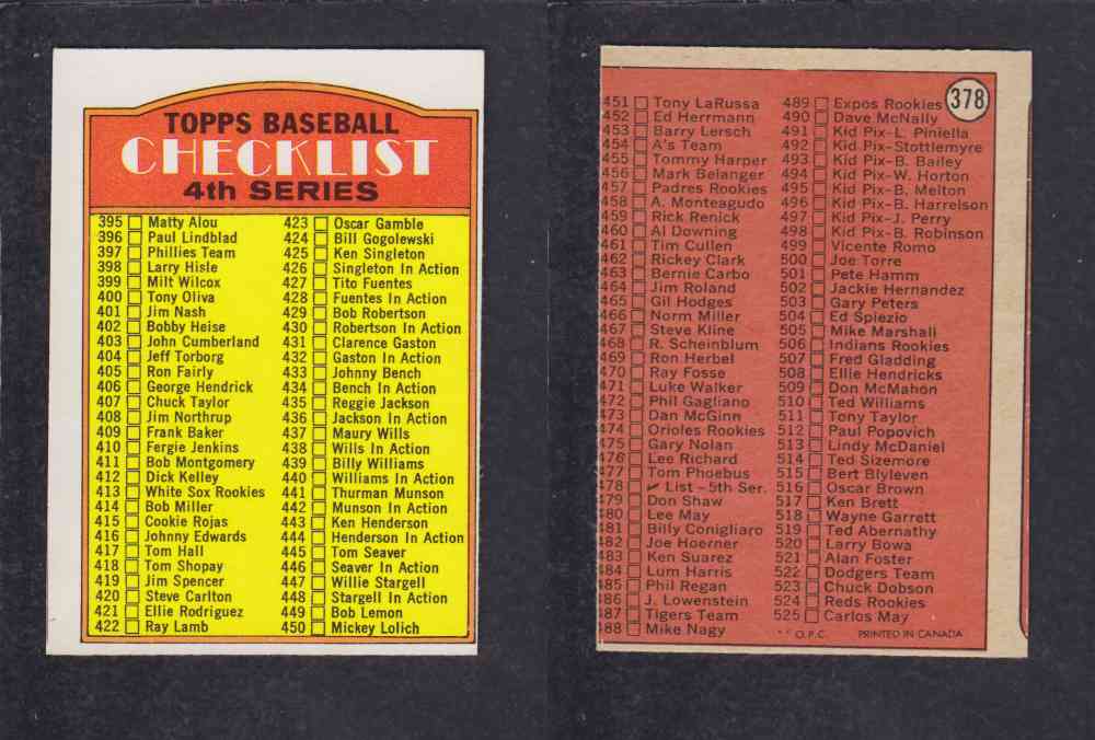 1972 O-PEE-CHEE BASEBALL CARD #378 CHECK LIST photo