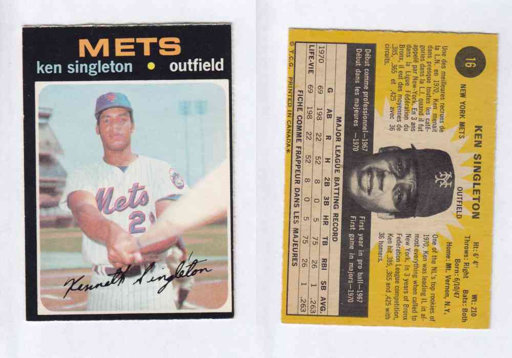 1971 O-PEE-CHEE BASEBALL CARDS #16  K. SINGLETON photo