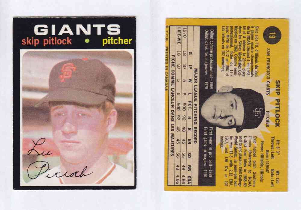 1971 O-PEE-CHEE BASEBALL CARDS #19  S. PITLOCK photo