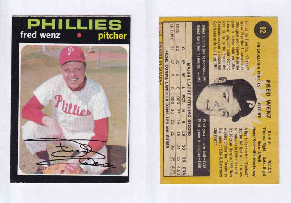 1971 O-PEE-CHEE BASEBALL CARDS #92  F. WENZ photo