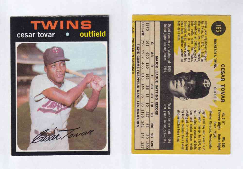 1971 O-PEE-CHEE BASEBALL CARDS #165  C. TOVAR photo