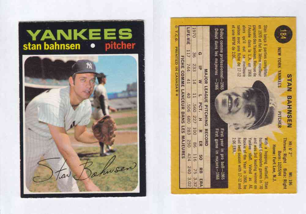 1971 O-PEE-CHEE BASEBALL CARDS #184  S. BAHNSEN photo