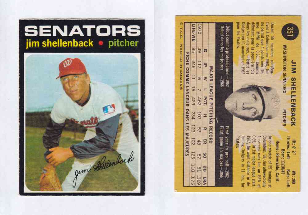 1971 O-PEE-CHEE BASEBALL CARDS #351  J. SHELLENBACK photo