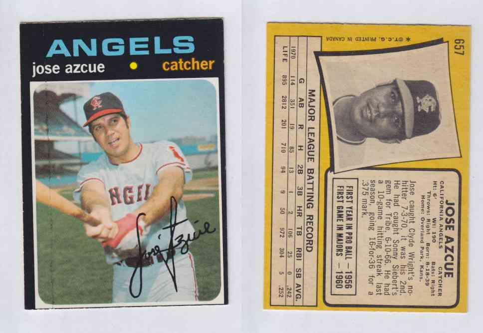 1971 O-PEE-CHEE BASEBALL CARDS #657 J. AZCUE photo