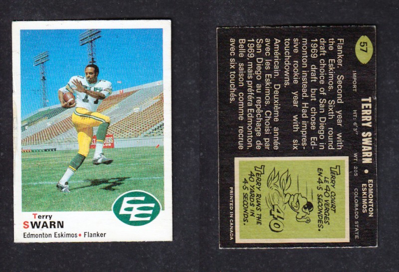 1970 CFL O-PEE-CHEE FOOTBALL CARD #57 T. SWARN photo