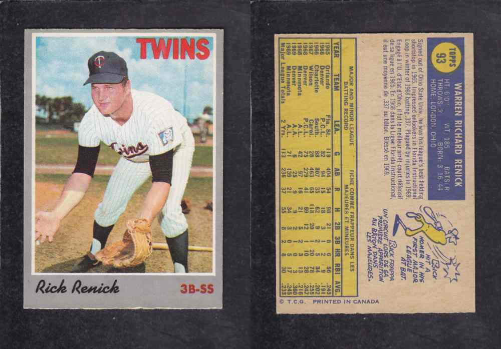 1970 O-PEE-CHEE BASEBALL CARD #93 R. RENICK photo