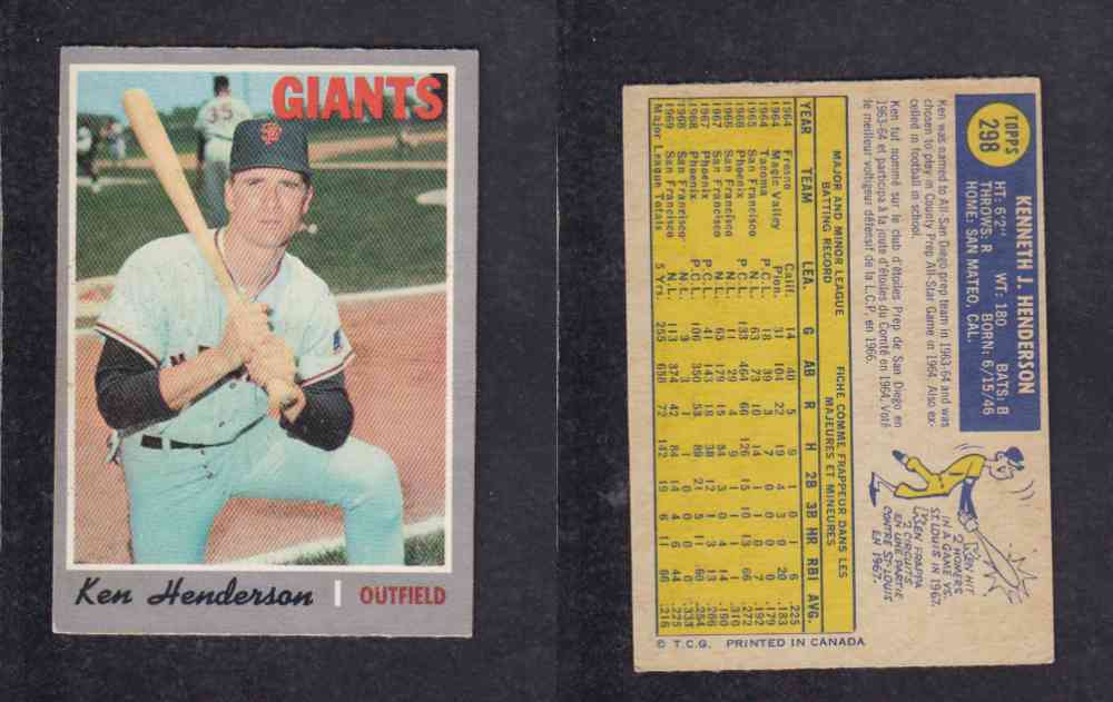 1970 O-PEE-CHEE BASEBALL CARD #298 L. HENDERSON photo