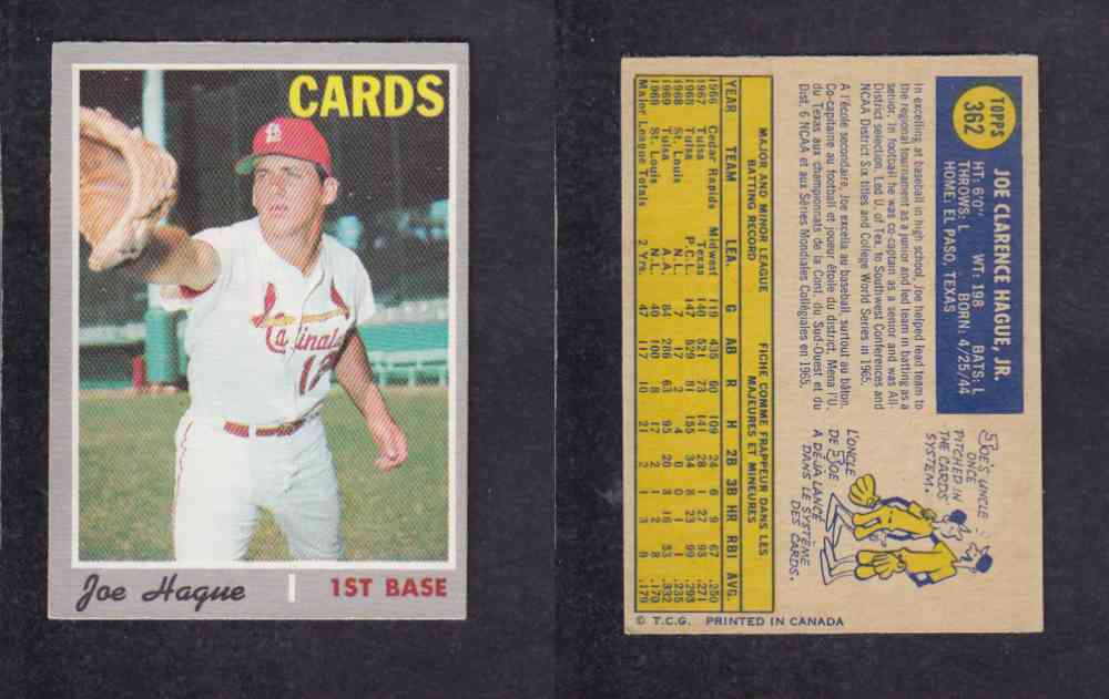 1970 O-PEE-CHEE BASEBALL CARD #362 J. HAGUE photo