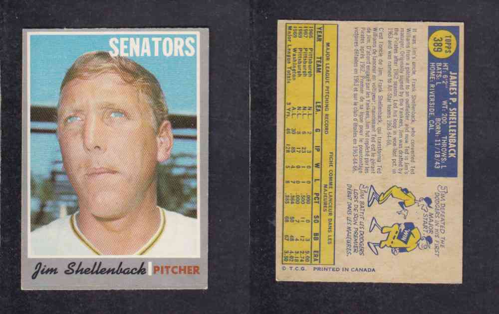 1970 O-PEE-CHEE BASEBALL CARD #389 J. SHELLENBACK photo