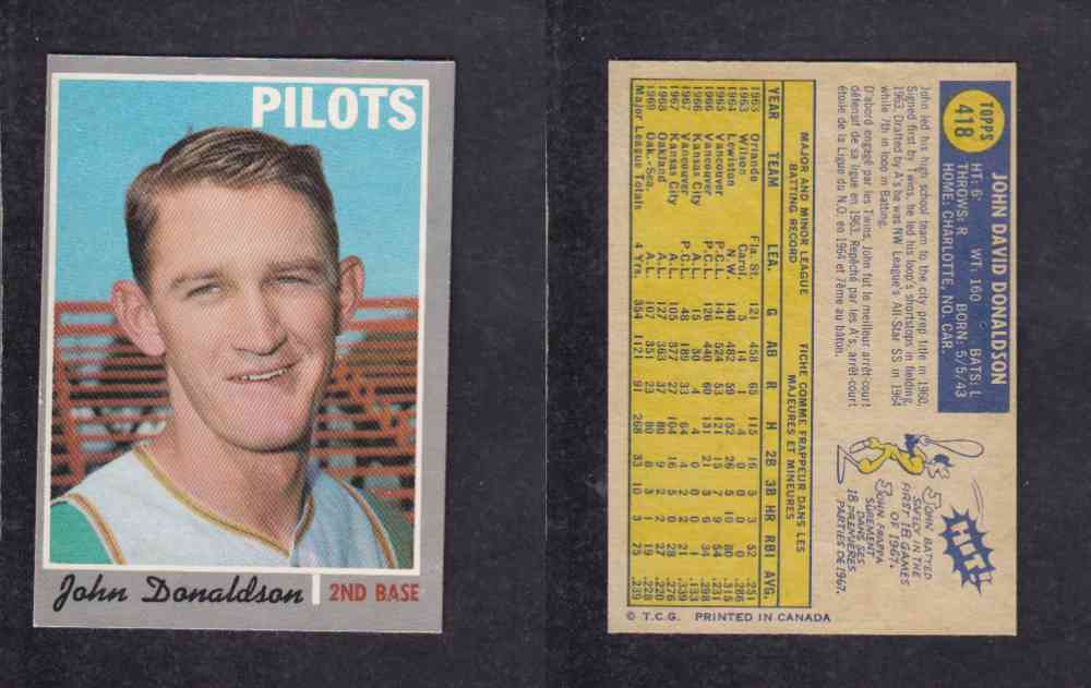 1970 O-PEE-CHEE BASEBALL CARD #418 J. DONALDSON photo