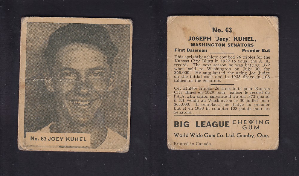 1936 WORLD WIDE GUM CANADIAN GOUDEY BASEBALL CARD #63 J. KUHEL photo