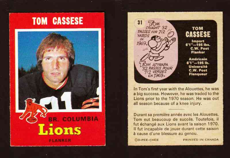 1971 CFL O-PEE-CHEE FOOTBALL CARD #31 T. CASSESE photo