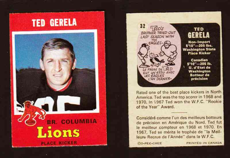 1971 CFL O-PEE-CHEE FOOTBALL CARD #32 T. GERELA photo