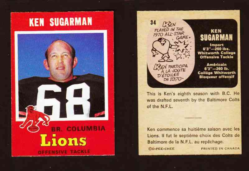 1971 CFL O-PEE-CHEE FOOTBALL CARD #34 K. SUGARMAN photo