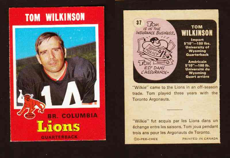 1971 CFL O-PEE-CHEE FOOTBALL CARD #37 T. WILKINSON photo