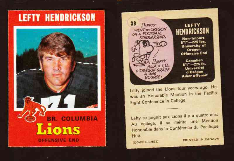 1971 CFL O-PEE-CHEE FOOTBALL CARD #38 L. HENDRICKSON photo