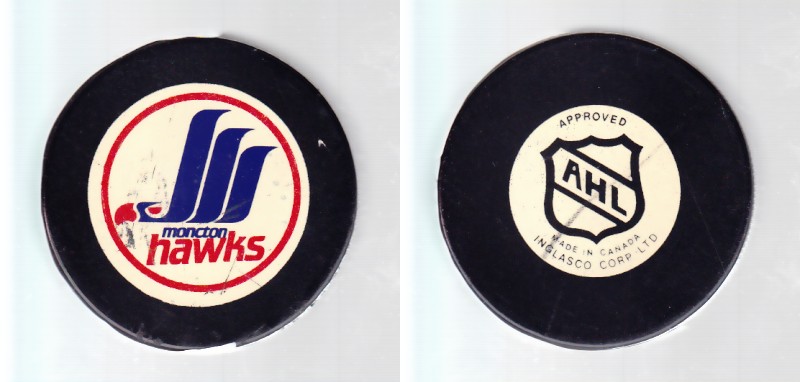 1986-93 AHL IN GLAS CO MONCTON HAWKS GAME PUCK photo