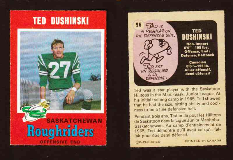 1971 CFL O-PEE-CHEE FOOTBALL CARD #96 T. DUSHINSKI photo