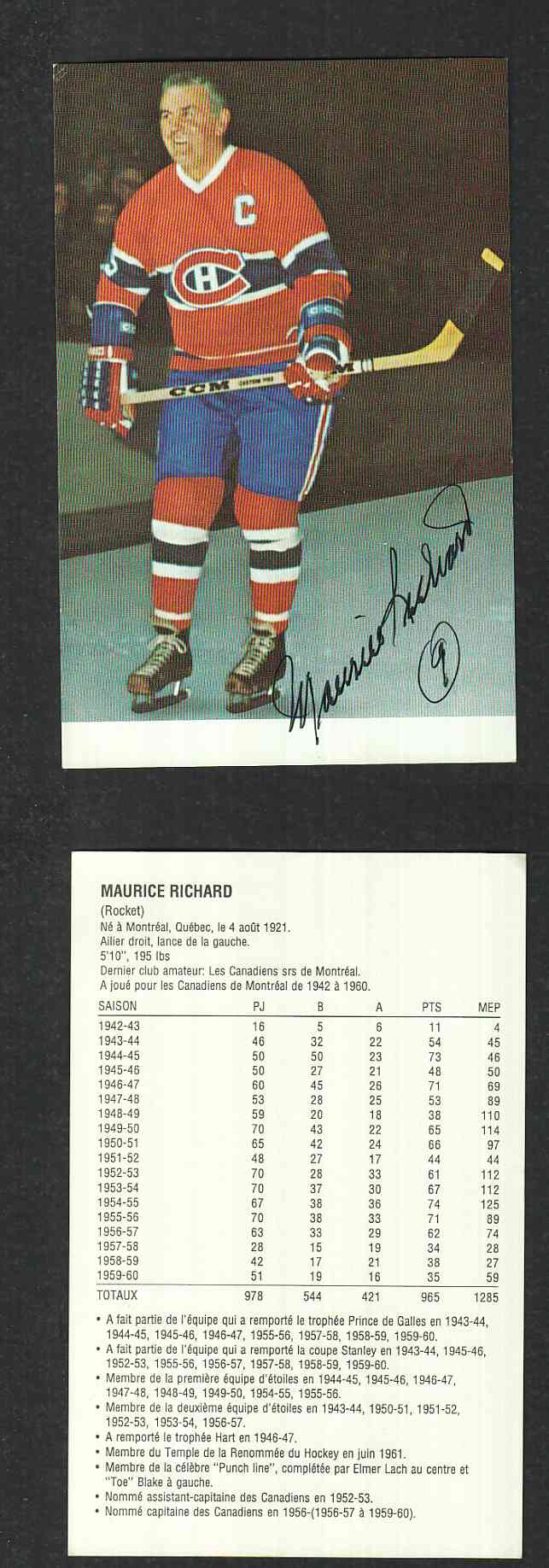 1960'S MONTREAL CANADISNS M. RICHARD AUTOGRAPHED POST CARD photo