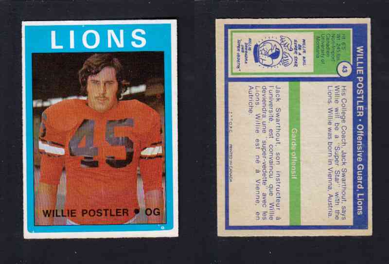 1972 CFL O-PEE-CHEE FOOTBALL CARD #43 W. POSTLER photo