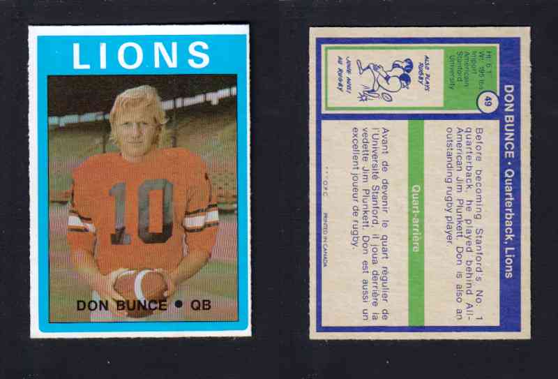 1972 CFL O-PEE-CHEE FOOTBALL CARD #49 D. BUNCE photo