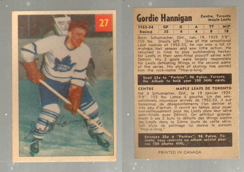 1954-55 PARKHURST HOCKEY CARD #27 G. HANNIGAN photo