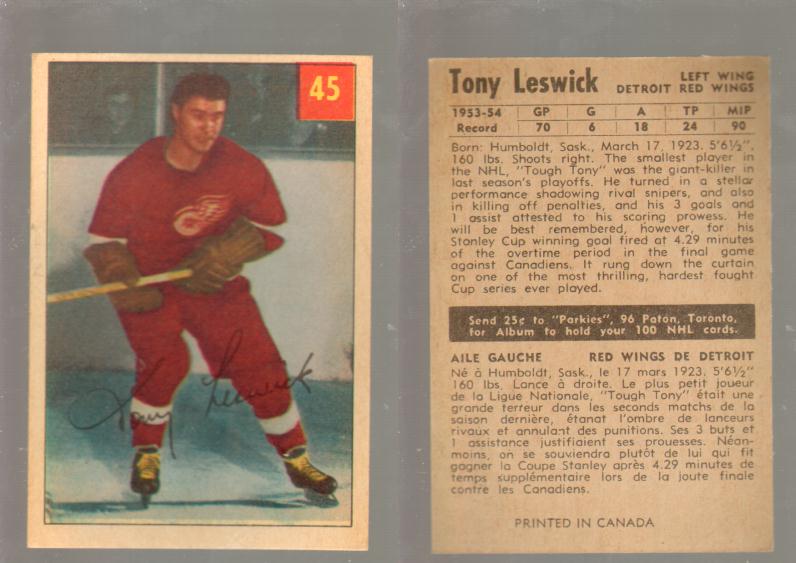 1954-55 PARKHURST HOCKEY CARD #45 T. LESWICK photo