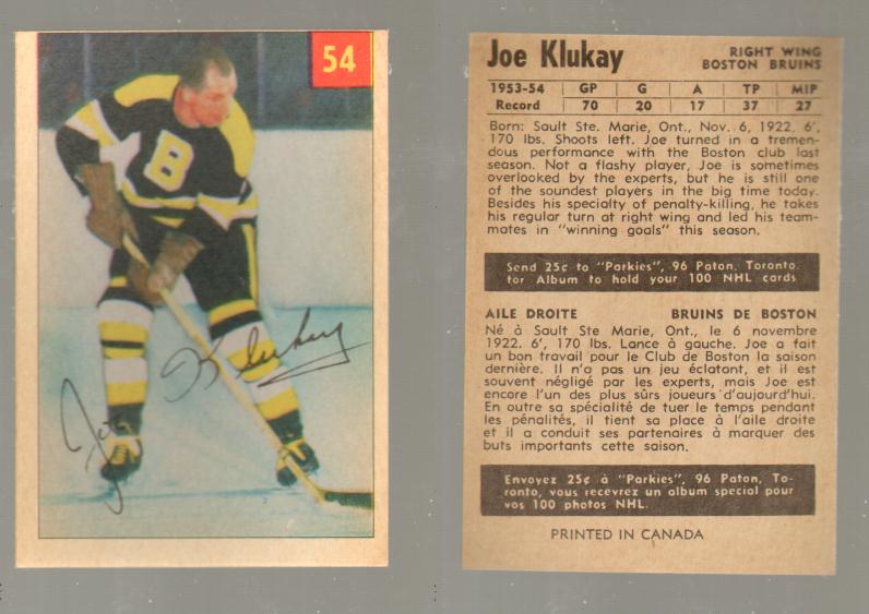 1954-55 PARKHURST HOCKEY CARD #54 J. KLUKAY photo