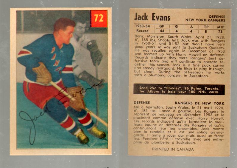 1954-55 PARKHURST HOCKEY CARD #72 J. EVANS photo