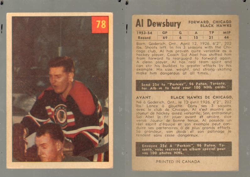 1954-55 PARKHURST HOCKEY CARD #78 AL. DEWSBURY photo