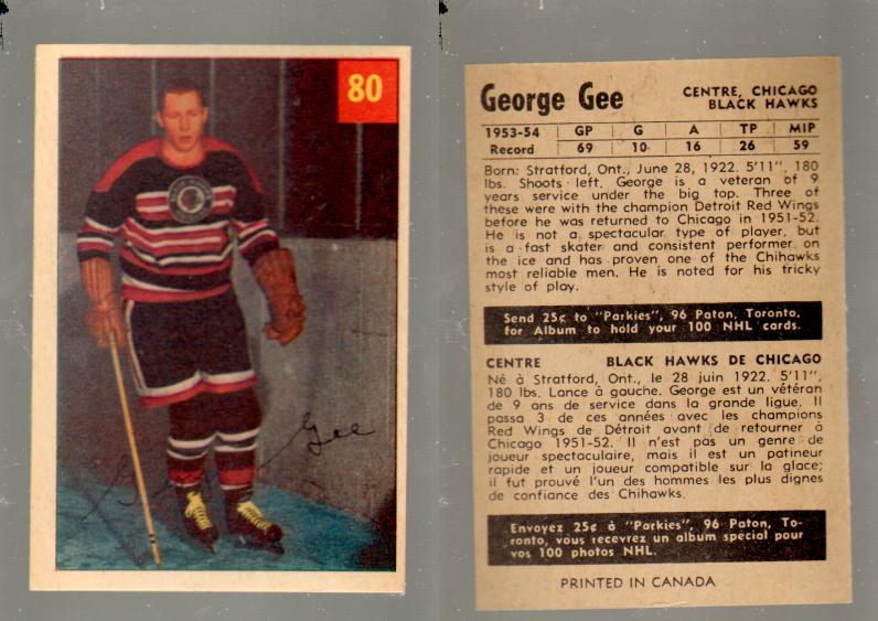 1954-55 PARKHURST HOCKEY CARD #80 G. GEE photo