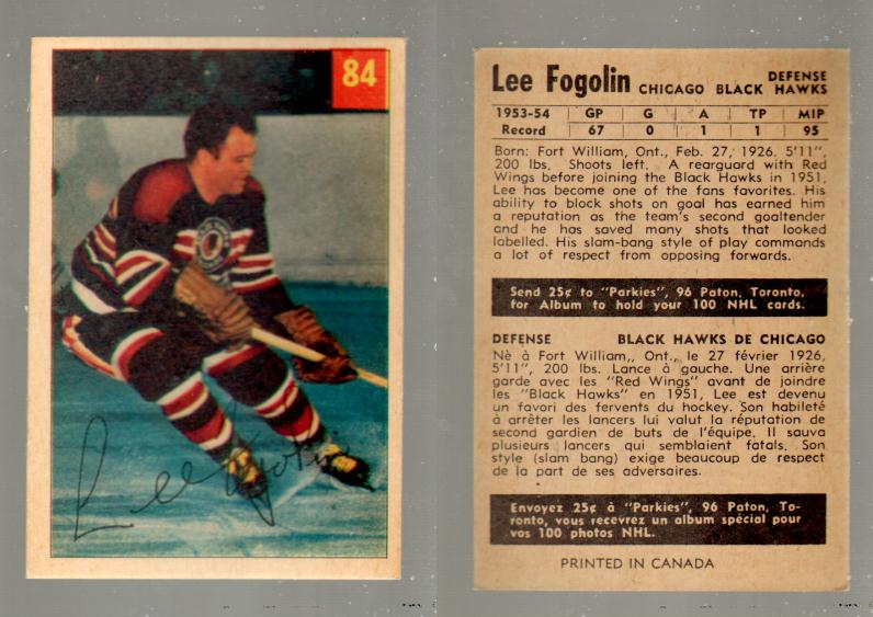 1954-55 PARKHURST HOCKEY CARD #84 L. FOGOLIN photo