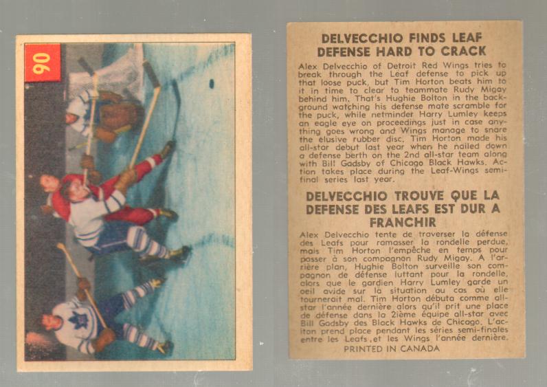 1954-55 PARKHURST HOCKEY CARD #90 DELVECCHIO FINDS LEAF DEFENSE HARD TO CRACK photo