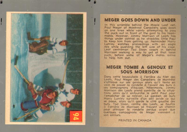 1954-55 PARKHURST HOCKEY CARD #94 MEGER GOES DOWN AND UNDER photo