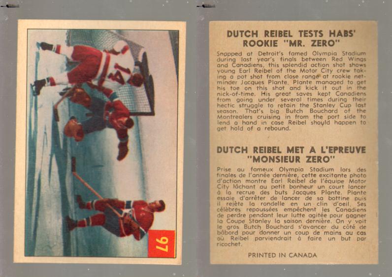 1954-55 PARKHURST HOCKEY CARD #97 DUTCH REIBEL TESTS HAB'S ROOKIE 