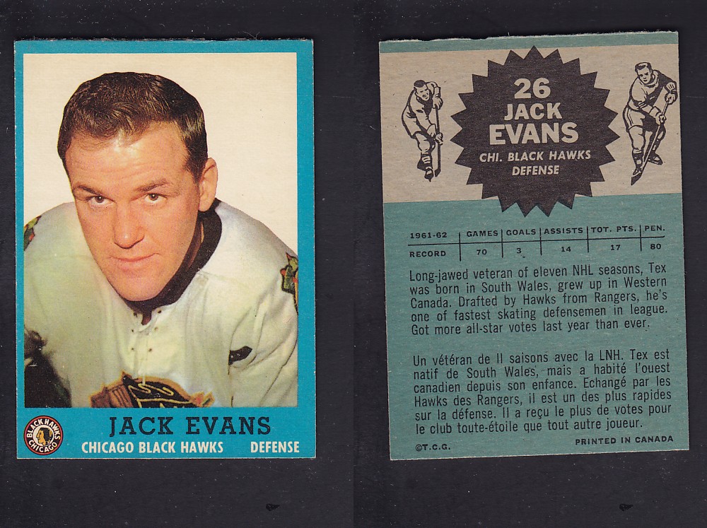 1962-63 TOPPS HOCKEY CARD  # 26 J. EVANS photo