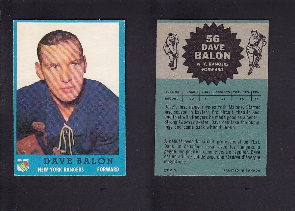 1962-63 TOPPS HOCKEY CARD #56 D. BALON photo