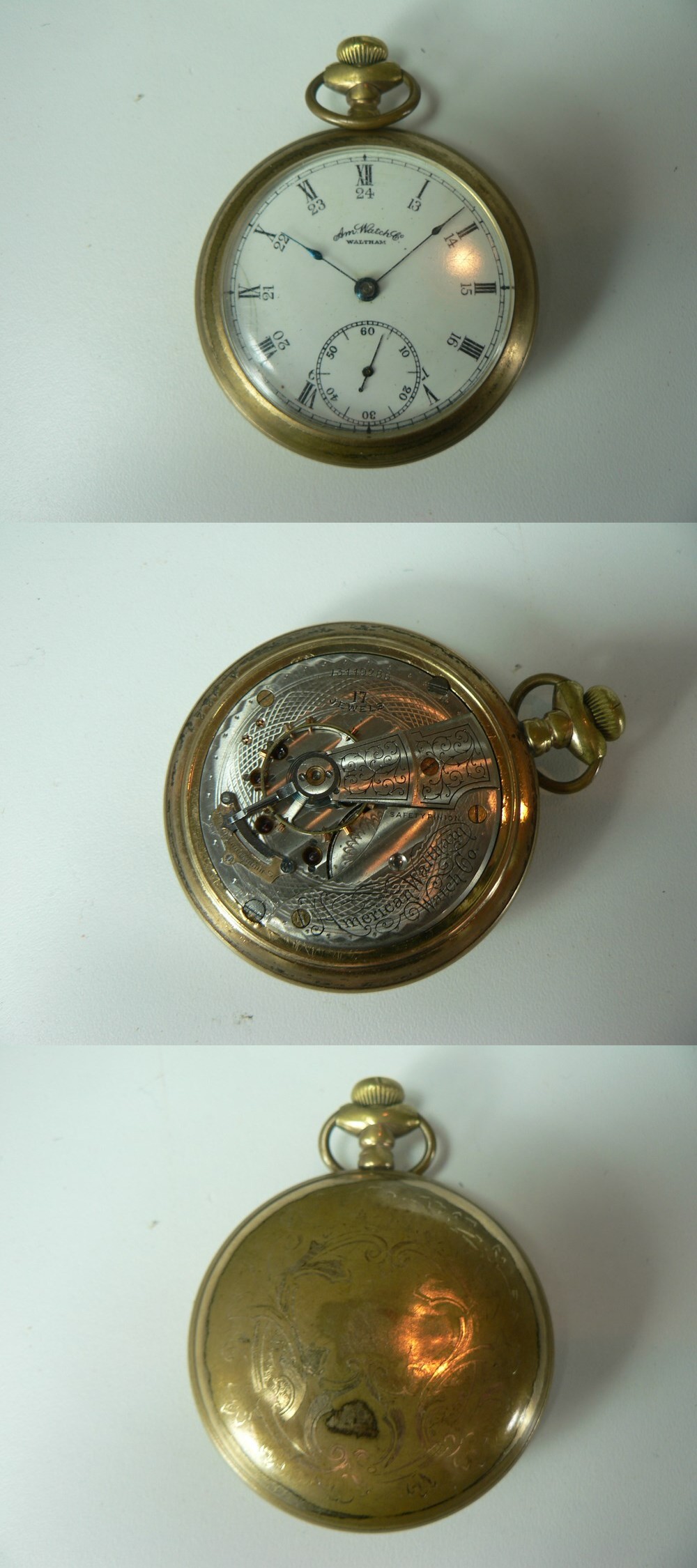 VINTAGE  50 MM AMERICAN WALTHAM 17 JEWELS GOLD PLATED  POCKET WATCH photo