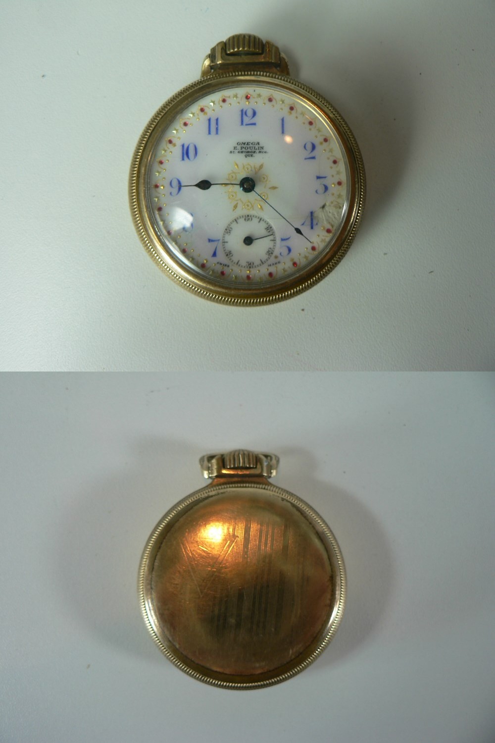 VINTAGE 50 MM OMEGA FANCY DIAL GOLD PLATED POCKET WATCH photo