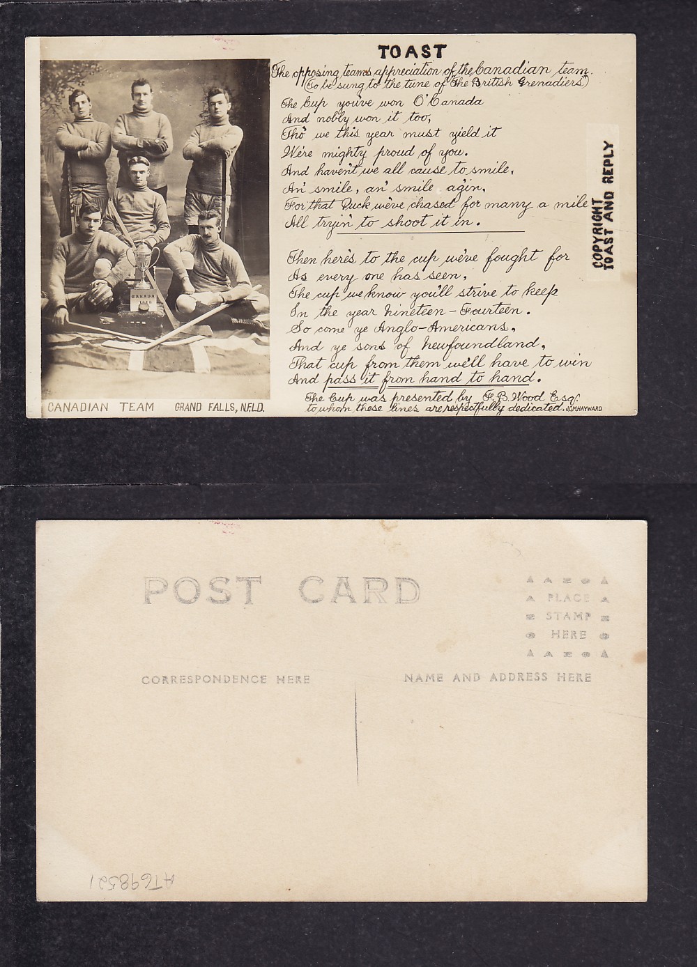 1913 GRAND FALLS HOCKEY TEAM POST CARD photo