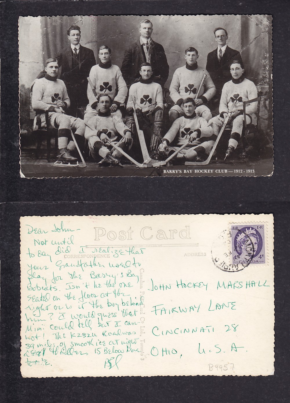 1912-13 BARRY'S BAY HOCKEY TEAM POST CARD photo