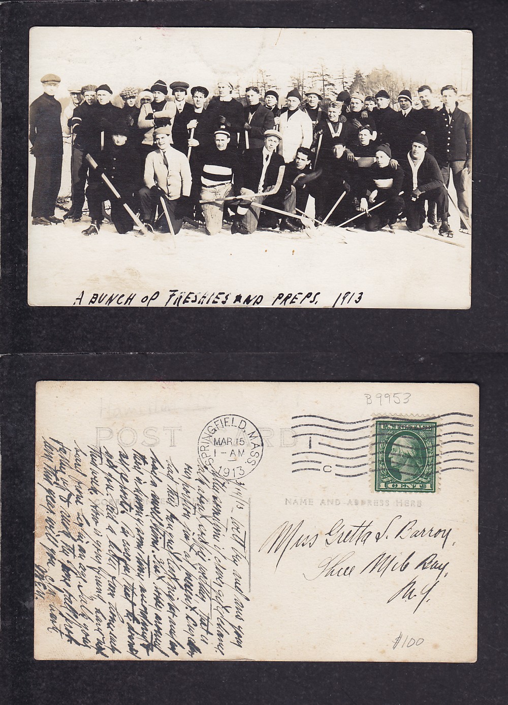 1913 SPRINGFIELDS HOCKEY TEAM POST CARD photo