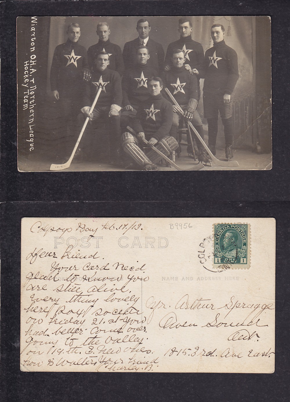1913 WIARTON HOCKEY TEAM POST CARD photo