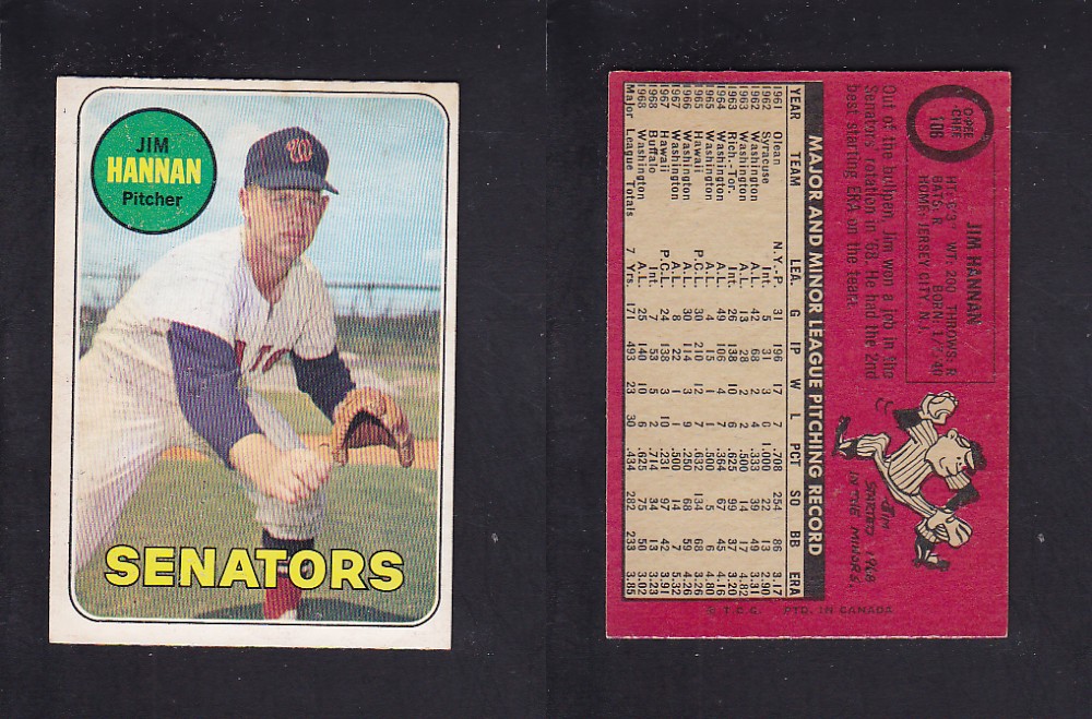 1969 O-PEE-CHEE BASEBALL CARD #106 J. HANNAN photo