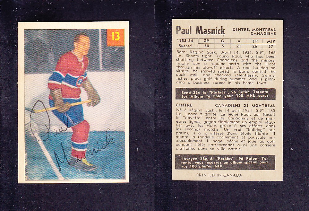 1954-55 PARKHURST HOCKEY CARD #13 P. MASNICK photo