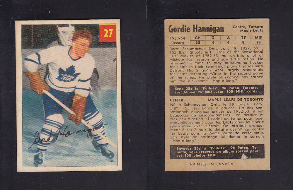 1954-55 PARKHURST HOCKEY CARD #27 G. HANNIGAN photo