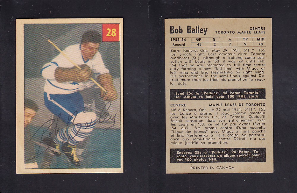 1954-55 PARKHURST HOCKEY CARD #28 B. BAILEY photo