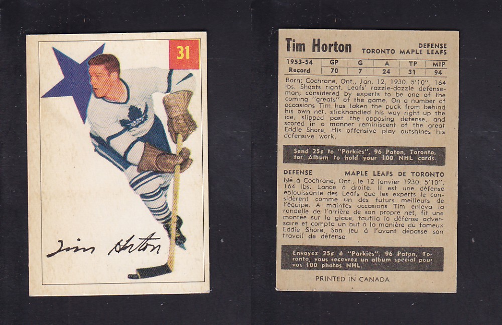 1954-55 PARKHURST HOCKEY CARD #31 T. HORTON photo