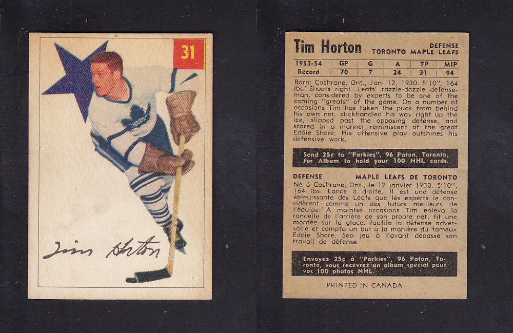 1954-55 PARKHURST HOCKEY CARD #31 T. HORTON photo