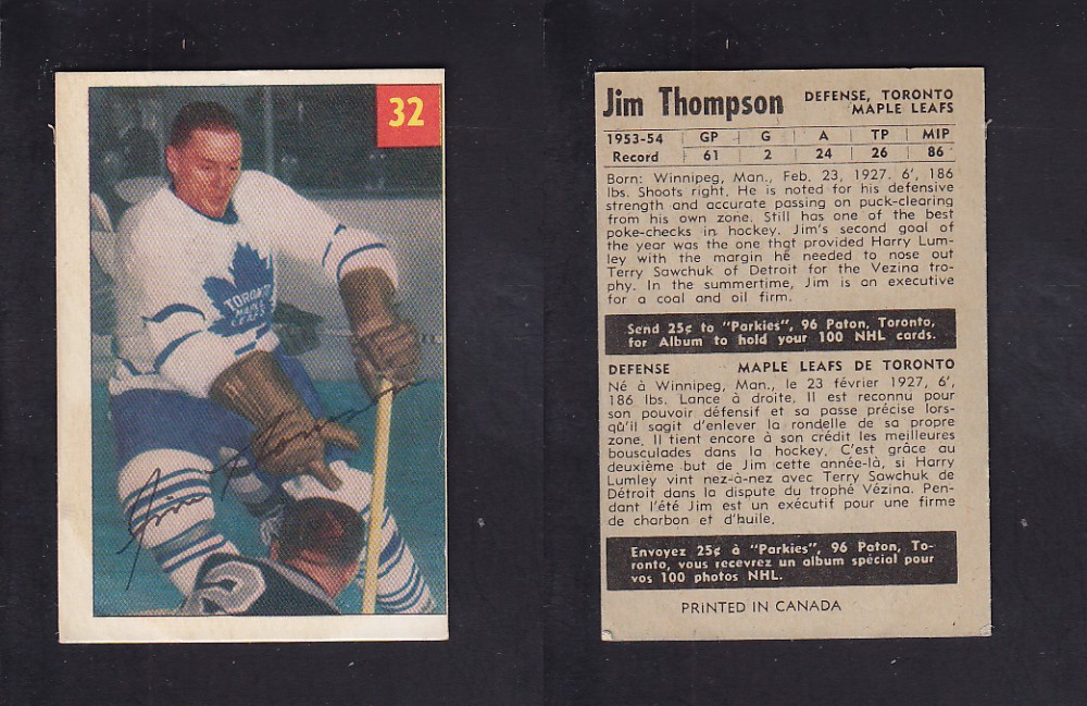 1954-55 PARKHURST HOCKEY CARD #32 J. THOMPSON photo